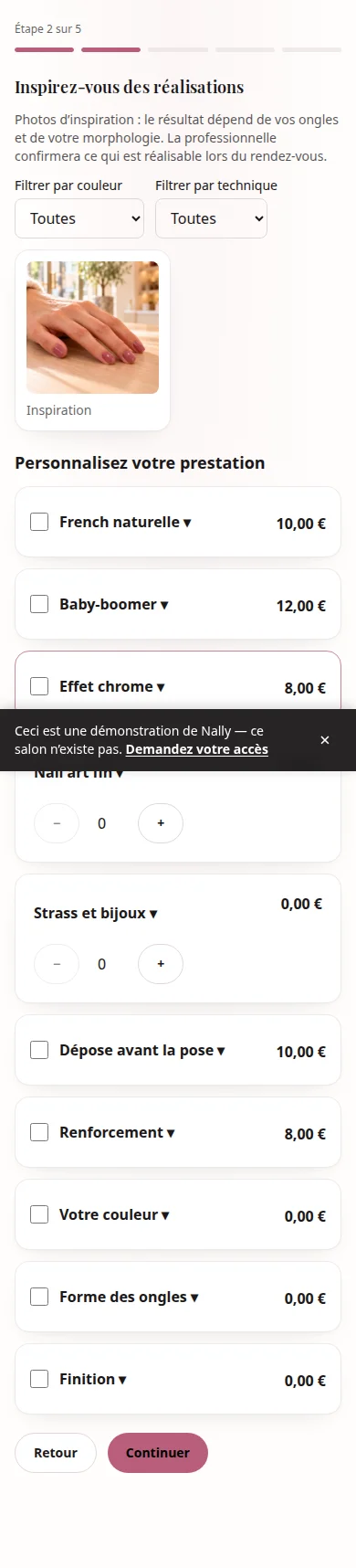 Écran réel de réservation, étape 2 : Ses envies