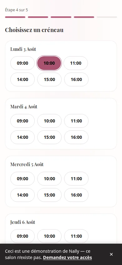 Écran réel de réservation, étape 4 : Son rendez-vous