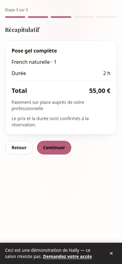 Écran réel de réservation, étape 3 : Son prix total
