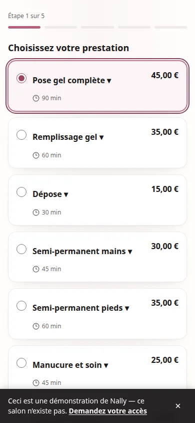 Écran réel de réservation, étape 1 : Sa prestation
